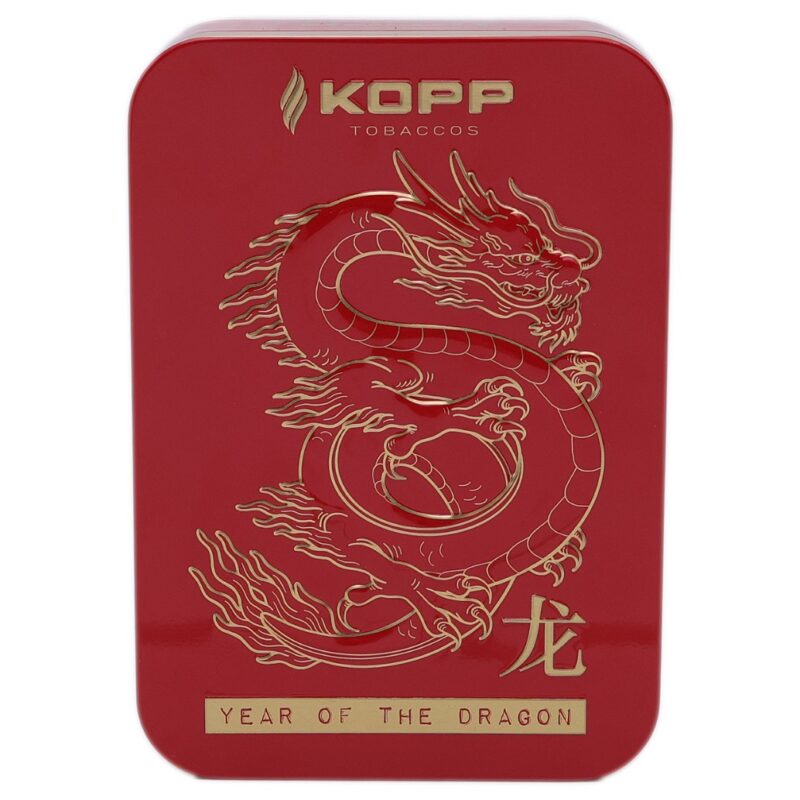 Tabaco Kopp Year of the Dragon en lata de 100g, mezcla de Virginias con topping de carambolo