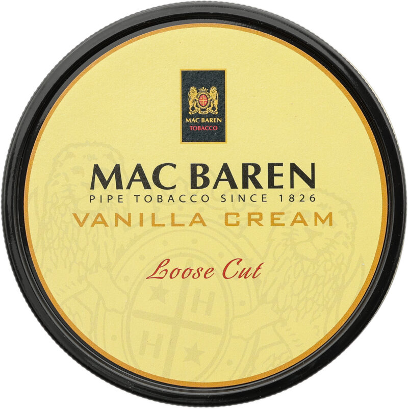 Tabaco Mac Baren Vanilla Cream en lata de 3.5oz, mezcla aromática de Virginias y Black Cavendish con vainilla