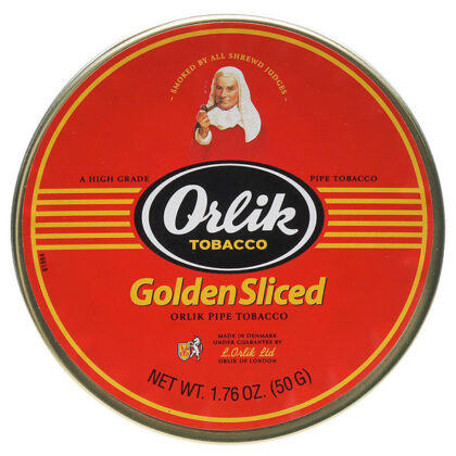 Tabaco Orlik Golden Sliced en lata de 50g, mezcla flake de Virginias con toque de Perique y notas cítricas suaves